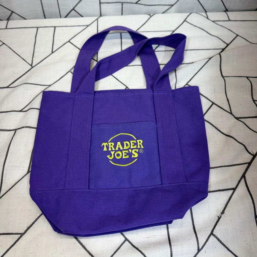Trader Joe's Mini Canvas Tote Bag Small Purple Embroidered Logo Shopper